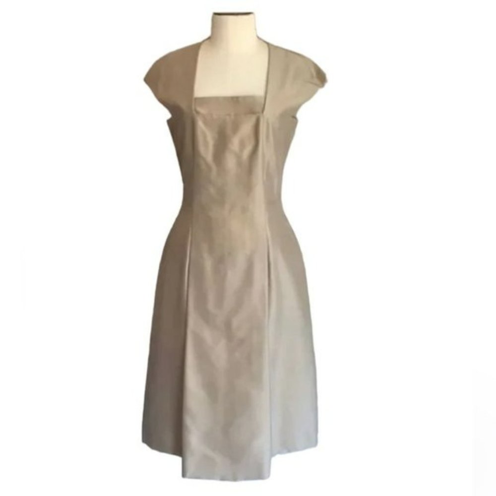 AKRIS Tan Beige Square Neck Silk structured professional flared dress size 4